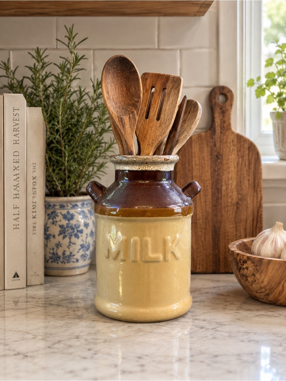 Vintage Ceramic Milk Crock Utensil Holder - Brown and Cream